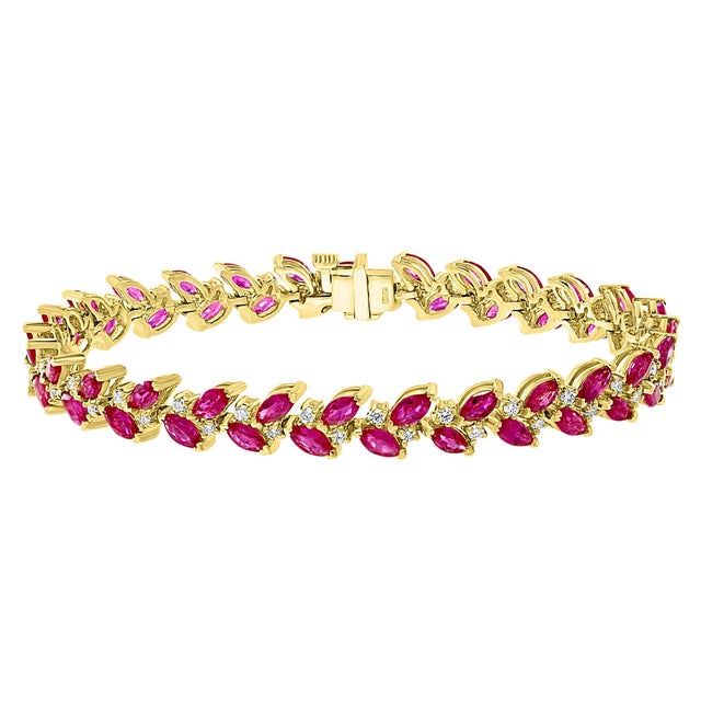 12 Carat Natural Marquise Ruby and Diamond Tennis Bracelet 14 Karat Yellow Gold For Sale - Image 4 of 18