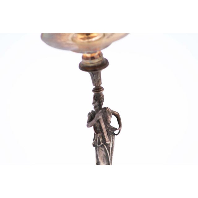 Silver Candlesticks with Deities and Plain Sconces with Octagonal Wooden Base, Set of 2 For Sale - Image 3 of 6