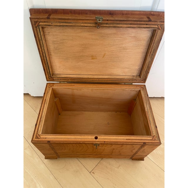 Vintage Small Table Top Chest Trunk Wooden Box With Inlay Trim For Sale - Image 4 of 12
