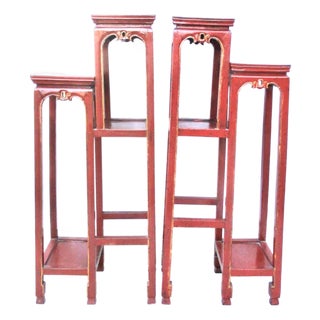 Chinese Red Lacquer Tall Plant Tables - A Pair of 2 For Sale