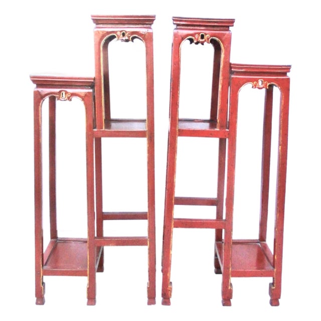 Chinese Red Lacquer Tall Plant Tables - A Pair of 2 For Sale