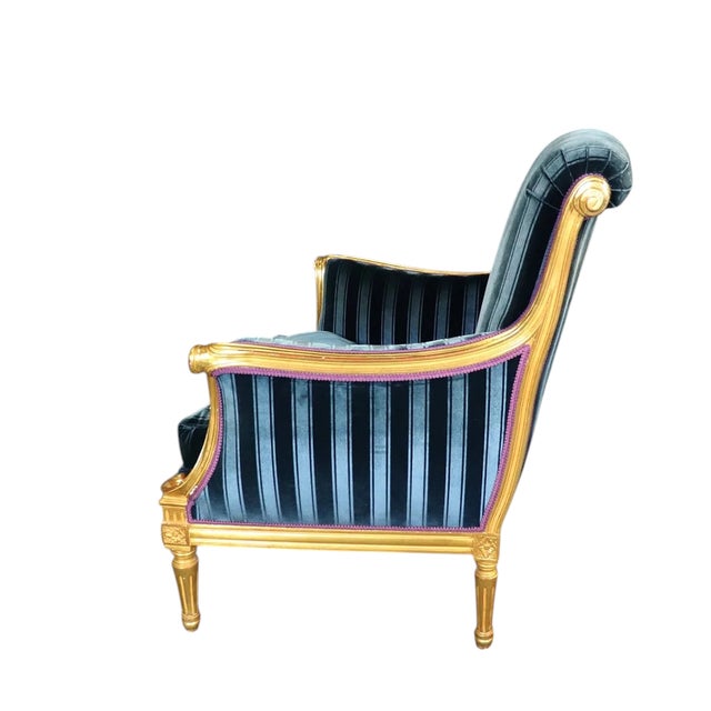 Dennis & Leen Louis XVI Style French Giltwood & Blue Velvet Bergere Arm Chair.