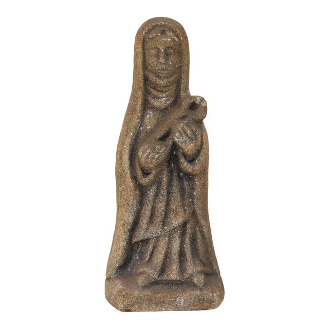 Late 19th Century Carved Granite Holy Mary With Baby Jesus Figurine For Sale