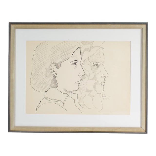 1970 Ink and Pencil Drawing of a Woman by Harry Hilson For Sale