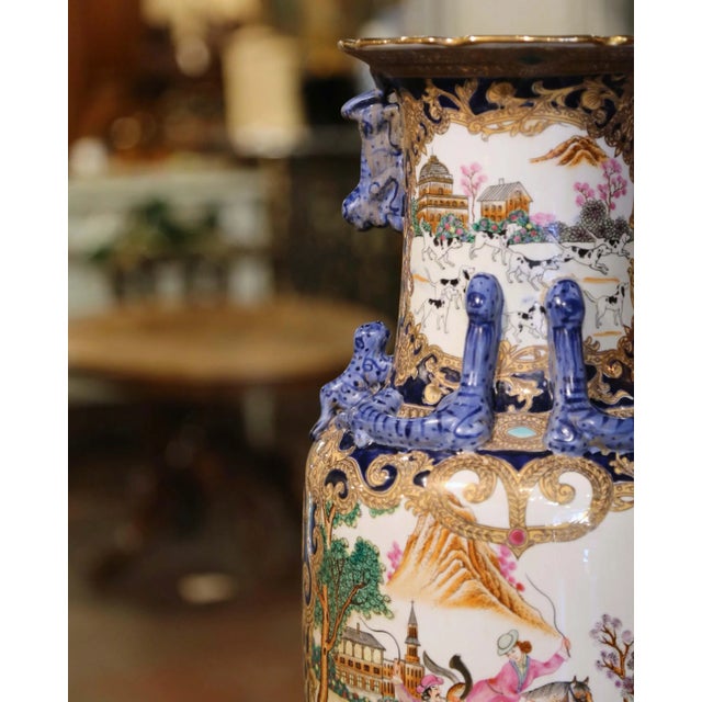 Red Mid-Century Chinese Famille Rose Porcelain Vase With Fox Hunt Scenes For Sale - Image 8 of 10