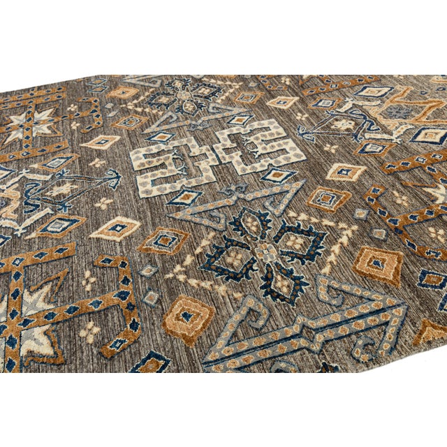 2020s Modern Tulu Tribal Wool Rug – Geometric Charcoal, Tan & Slate Blue 9x12 For Sale - Image 5 of 11
