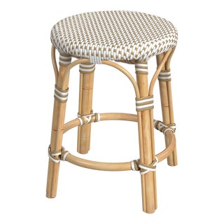 Tobias 18 in. Seat Height Round Rattan Dining Stool, White/Tan Dot / Natural Rattan Frame For Sale