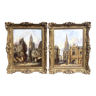 Pair 19th Century European Townscape Oil Paintings by H. Schafer For Sale