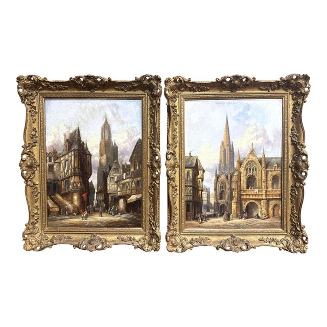 Pair 19th Century European Townscape Oil Paintings by H. Schafer For Sale