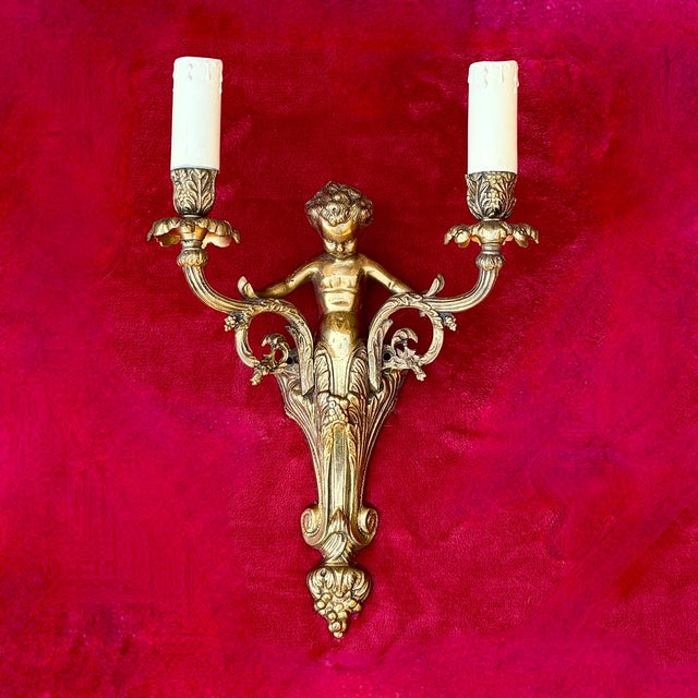 Rococo French Louis XV Style Gilt Bronze Cherub Wall Sconces, 1930, Set of 2 For Sale - Image 3 of 18