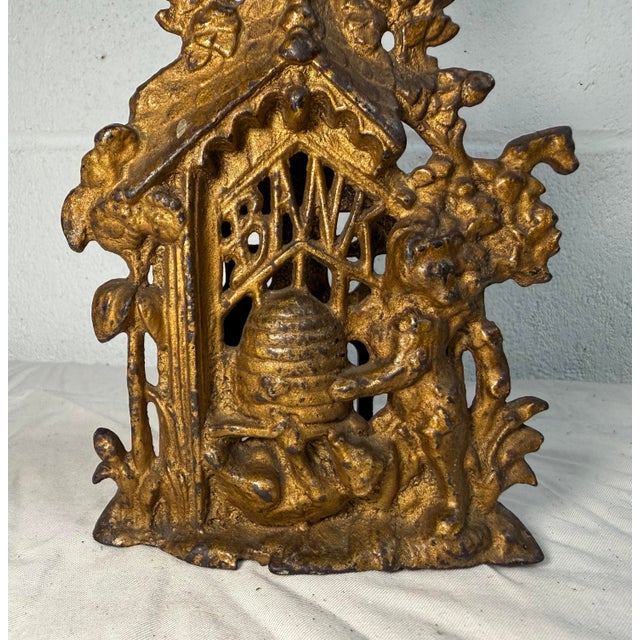 Antique 19th Century Victorian Cast Iron Bear & Beehive Original Still Coin Bank For Sale - Image 4 of 13