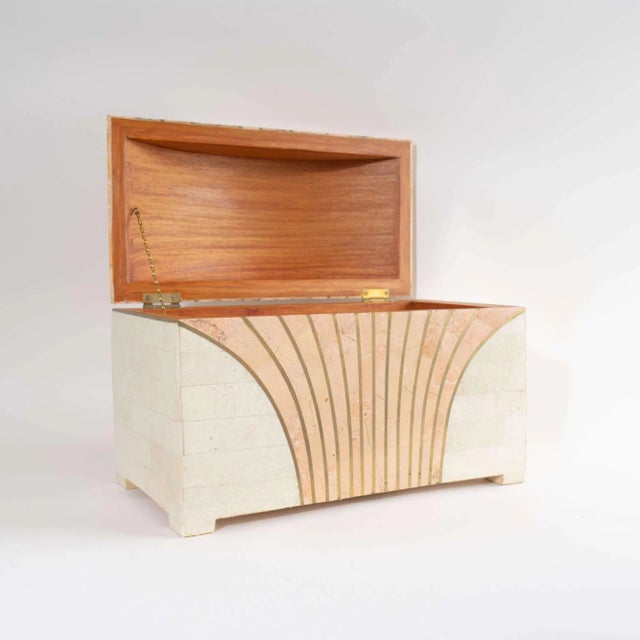 Art Deco Vintage Maitland Smith Tessellated Stone Brass Inlay Treasure Chest Jewelry Box For Sale - Image 3 of 12