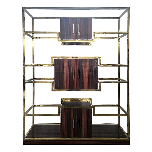 Brass and Wood Bookcase, 1980s For Sale