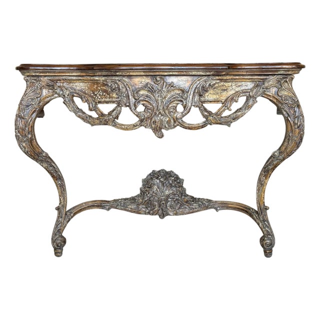 Late 19th Century French Louis XIV Style Carved Painted Wall Mounted Console Table with wood top For Sale