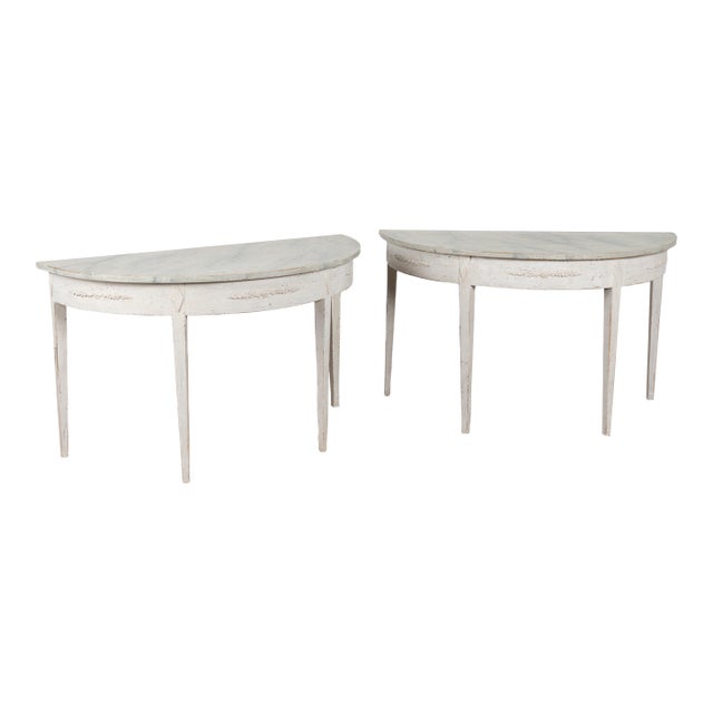 19th Century Pair, Swedish Gustavian White Demi Lune Side Tables Consoles For Sale