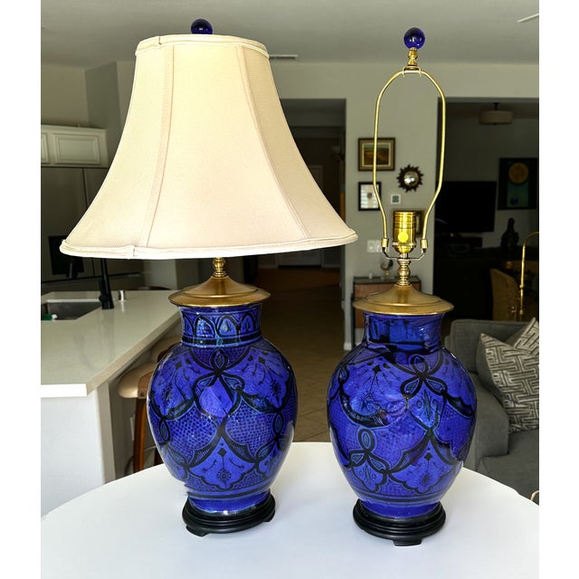 Vintage Moorish Safi Hand-Painted Cobalt Ceramic Table Lamps - Pair For Sale - Image 17 of 17