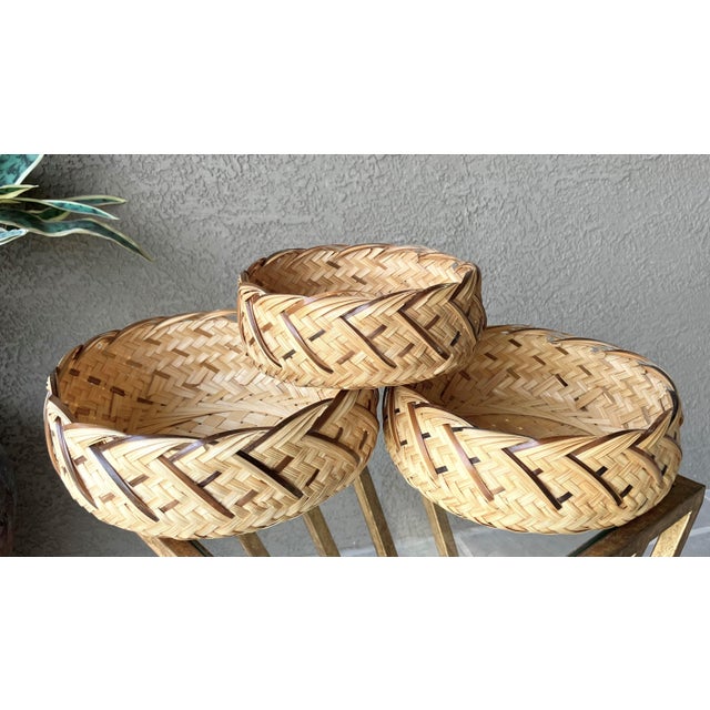 Late 20th-Century Artfully Handwoven Trio of Nested Rattan Circular Baskets For Sale - Image 11 of 18