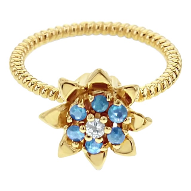 Tall Aquamarine Tulip Flower Ring 14k Yellow Gold, Size 5 For Sale