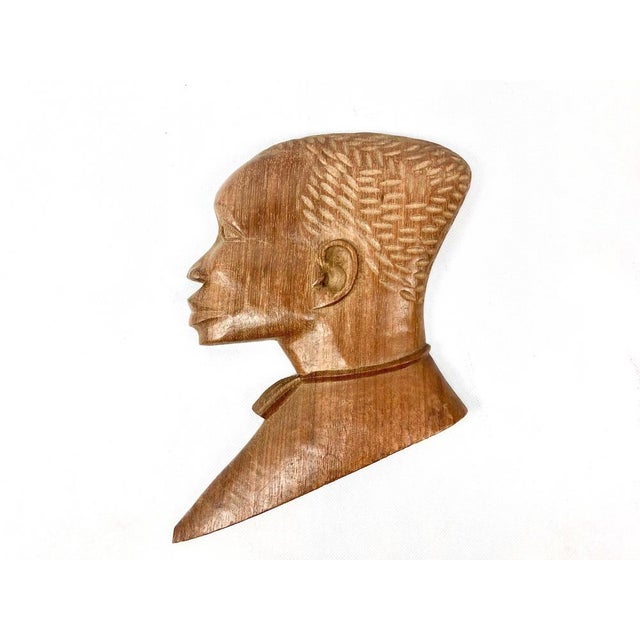 Vintage Wooden Carved African Man & Woman Wall Hanging Sculptures, Set of 2 For Sale - Image 10 of 17