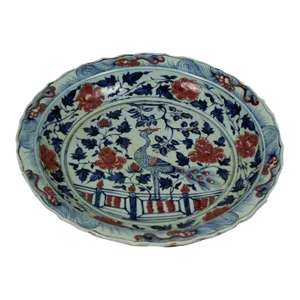 Large Ming Dynasty Blue and Red-Copper Dish
