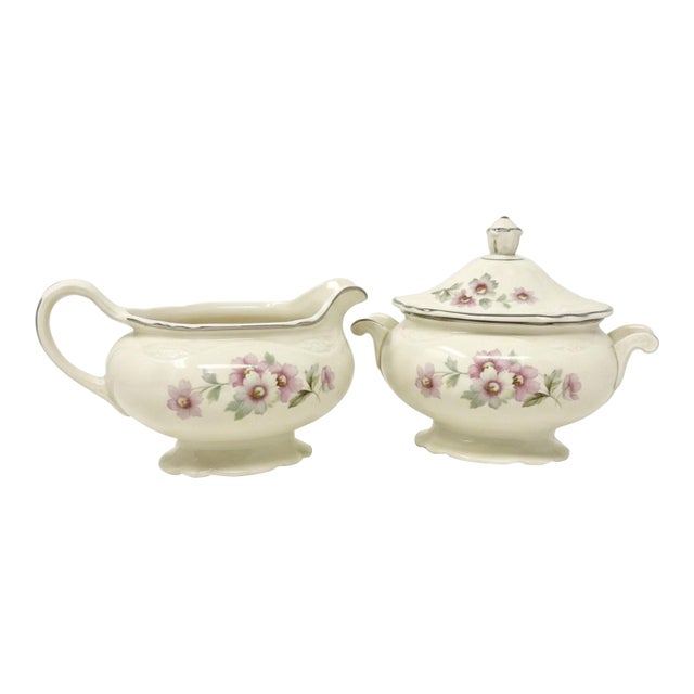 1949 Vintage Homer Laughlin Virginia Rose "Moss Rose" Creamer & Lidded Sugar Bowl Set - Jj-59 Pattern For Sale