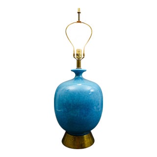 1960s Mid Century Modern Large Blue Turquoise Glazed Ceramic Pottery Table Lamp For Sale