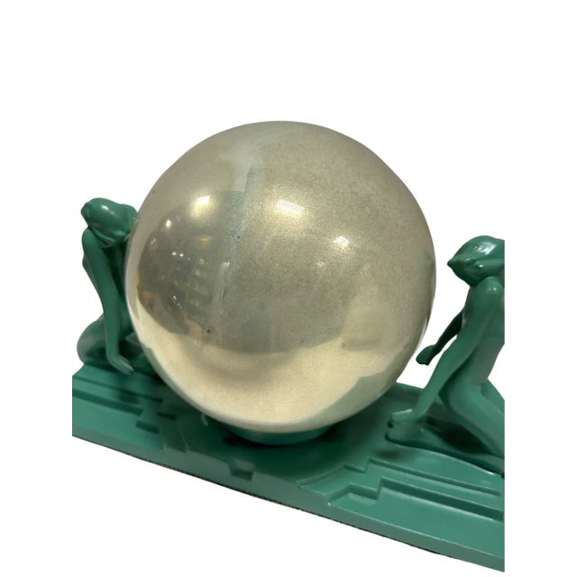 Green Frankart Art Deco Nude Female Figurals With 1920s Mercury Glass Globe For Sale - Image 8 of 11