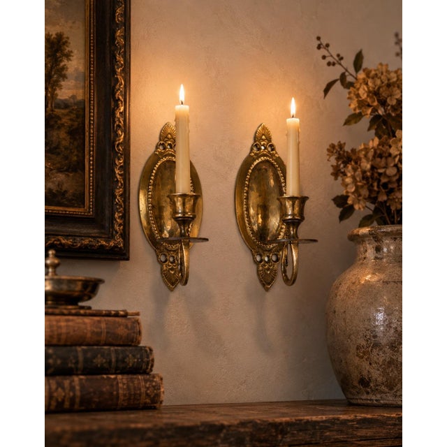 Brass Vintage Pair of Cast Brass Oval Candle Wall Sconces With Reflector Backplates | Hollywood Regency Traditional For Sale - Image 8 of 11