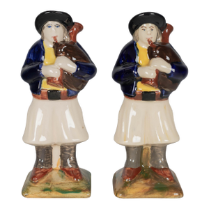Pair of French Henriot Quimper Faience Bagpiper Figurines