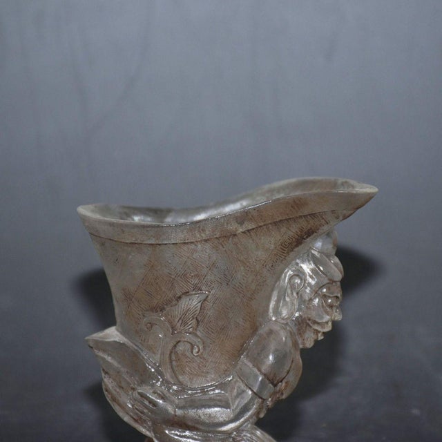1940s Chinoiserie Hand Carved Liuli Glass Figural Wine Cup, Kneeling Beauty Sculpture, Decorative Libation Vessel For Sale - Image 4 of 9