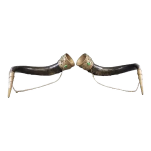 Pair of Monumental Caucasian Ceremonial Drinking Horns With Metal Mounts
