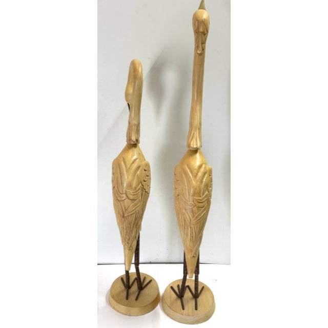 Pair Italian Hollywood Regency Carved Wood, Brass & Iron Heron Sculptures, C1980 For Sale In West Palm - Image 6 of 11