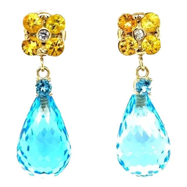26.73 Carat Blue Topaz Yellow Sapphire Yellow Gold Drop Earrings - 2 Pieces For Sale