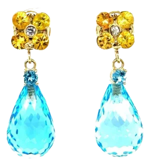 26.73 Carat Blue Topaz Yellow Sapphire Yellow Gold Drop Earrings - 2 Pieces