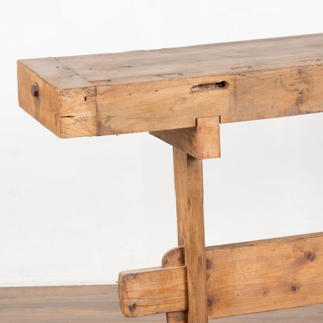 Wood Early 20th Century Rustic Narrow Carpenter's Workbench Console Table For Sale - Image 7 of 15