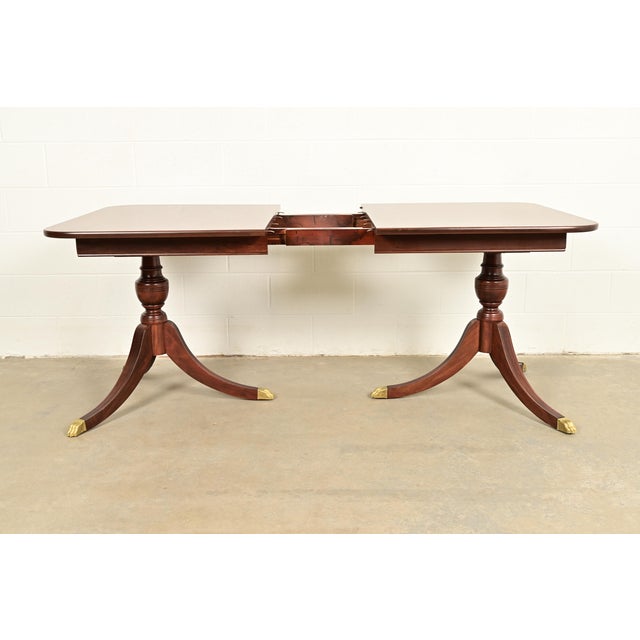 Wood Baker Furniture Style Georgian Mahogany Double Pedestal Extension Dining Table, Newly Refinished For Sale - Image 7 of 18