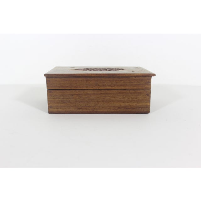 Vintage Carved Wood Box, Brass Inlay Indian Indo, Lidded, Wooden Carving, Floral Hinged Lid Box, Brown Wood Trinket For Sale - Image 4 of 10