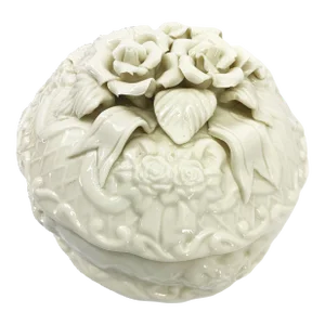 1960s Vintage Porcelain Roses Topped Ivory Dresser Box