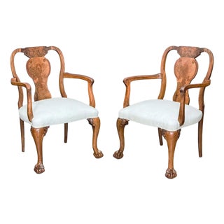 Queen Anne Open Carved Arm Chairs of Burl Walnut (Two Available) For Sale