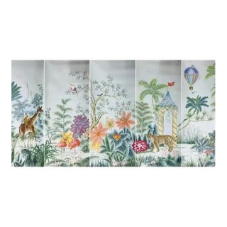 Chinoiserie Mural Hand Painted Wallpapers With Animals - 5 Panels For Sale