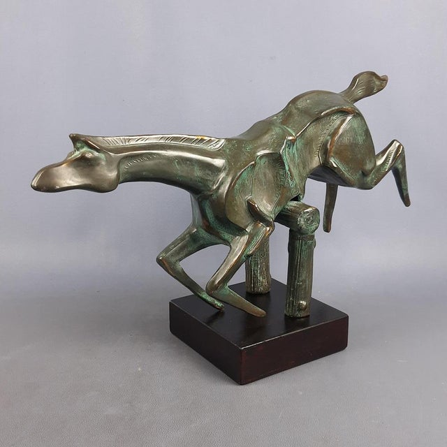 Brass Sculpture of Horse Jumping Over Wooden Base, 1980s For Sale - Image 9 of 18