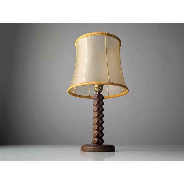 Vintage Table Lamp in Oak with Parchment Leather Shade by Charles Dudouyt, France, 1950s For Sale - Image 4 of 11