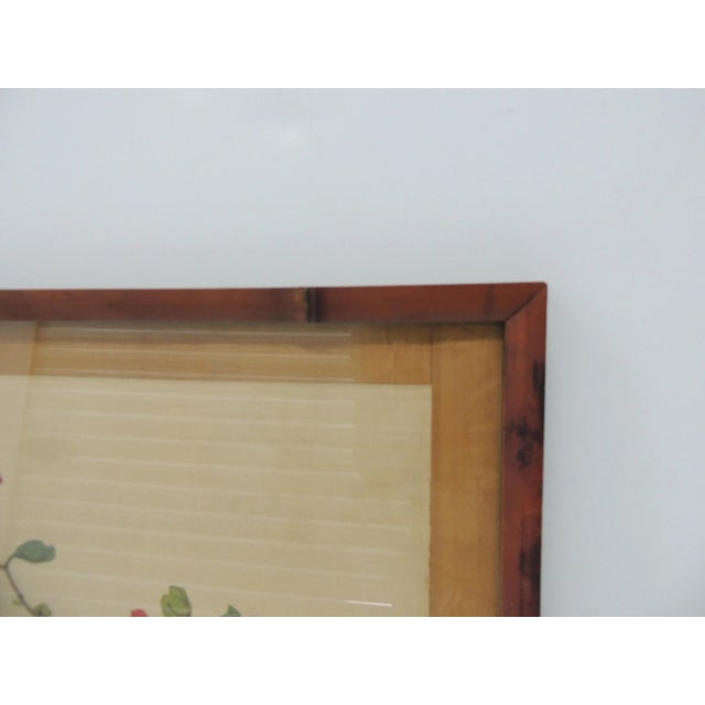 Vintage Framed Watercolor Art Depicting Songbird on Bamboo Frame. Wood backing, inset clear glass. Size: 14"H x 16"W x .75"D