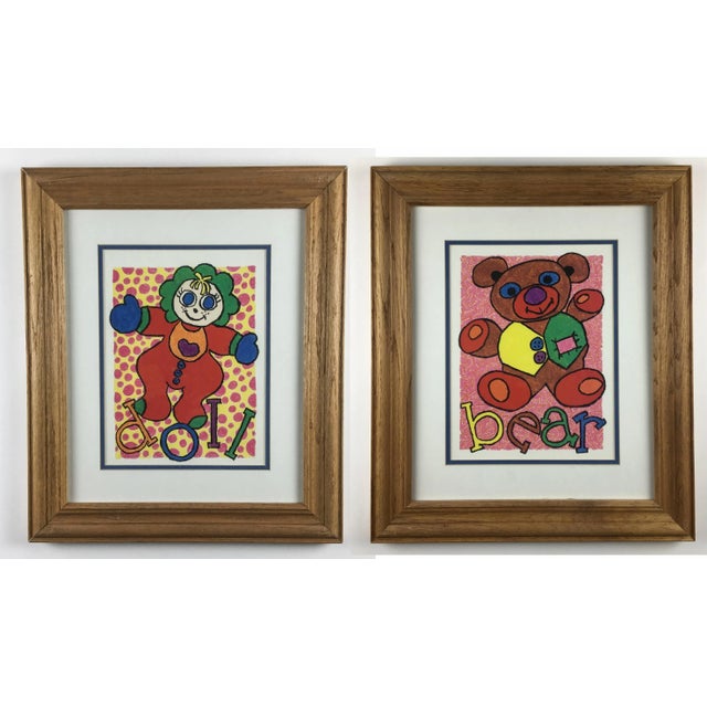 Oak Framed Vintage Print Pair Doll & Bear For Sale - Image 11 of 11