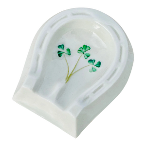 Vintage Belleek Ireland Horseshoe Dish – Hand-Painted Shamrock Design, Brown Mark