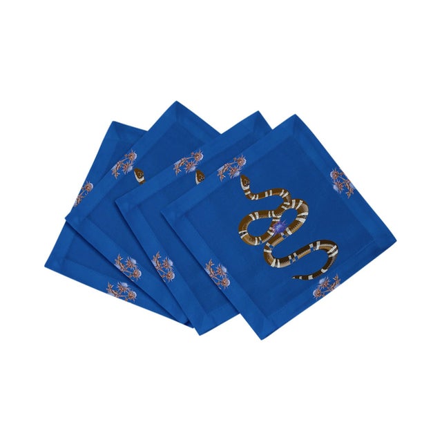 Thistle And Snake Cotton Sateen Cocktail Napkins in Blue, Set of 4 For Sale In Miami - Image 6 of 6
