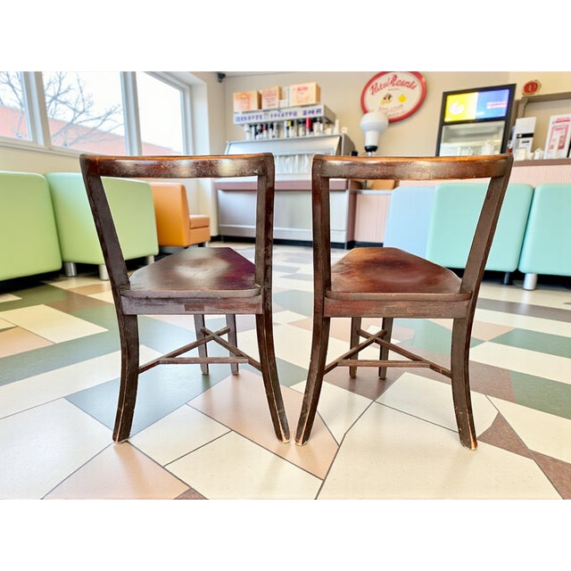 Brown 1920s Seatmore Soda Fountain Chairs-Pair-Ice Cream Parlor-Cafe Set-Antique-Farm For Sale - Image 8 of 11
