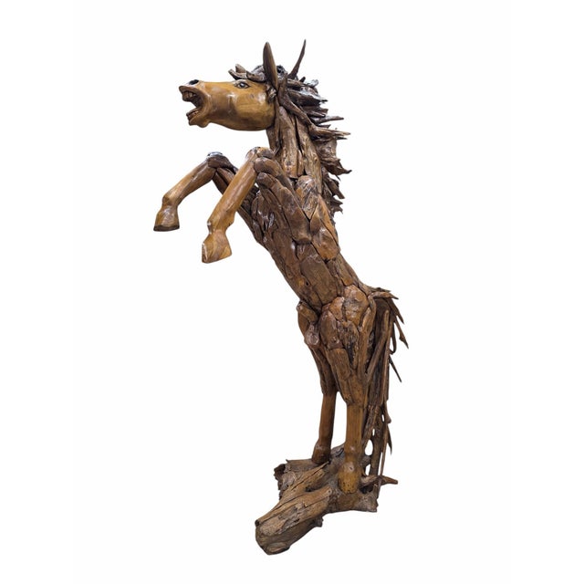 Contemporary Vintage Rustic Life-Size Teak Root and Driftwood Rearing Horse Sculpture For Sale - Image 3 of 12