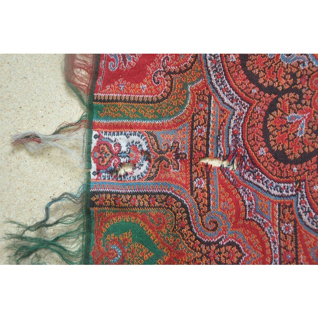 Antique Victorian Paisley Shawl, c. 1860–1890 Large rectangular wool shawl with elaborate multicolored paisley/boteh and...
