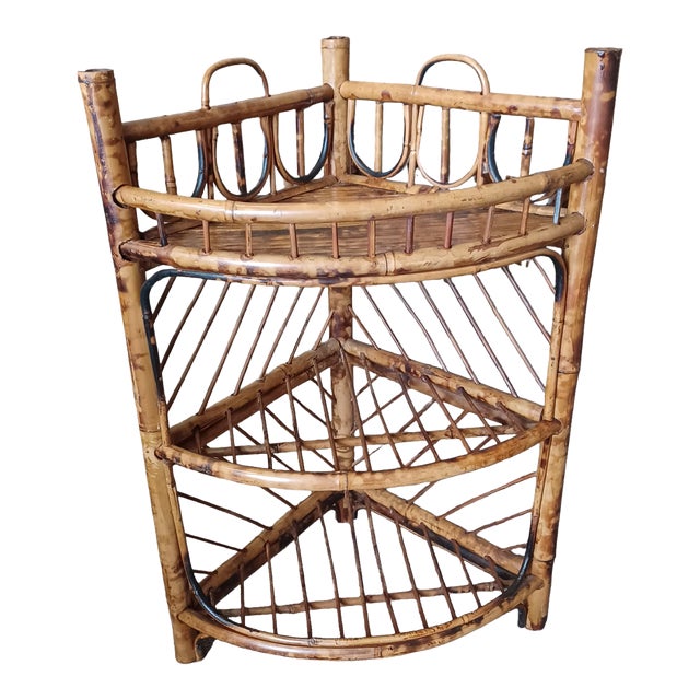 Vintage Boho Chic Burnt Bamboo Corner Stand/Shelf For Sale